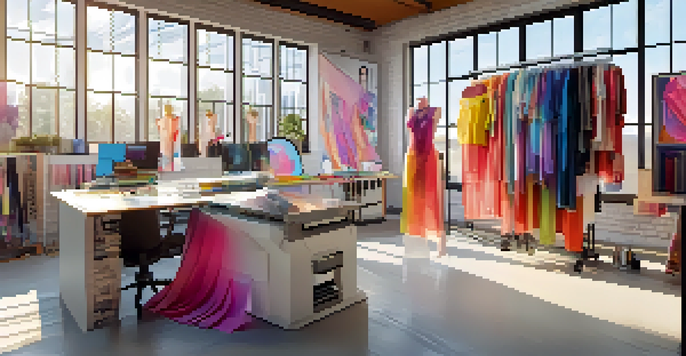 A fashion studio with a 3D printer producing a garment prototype, surrounded by sketches and fabric swatches, illuminated by natural light.