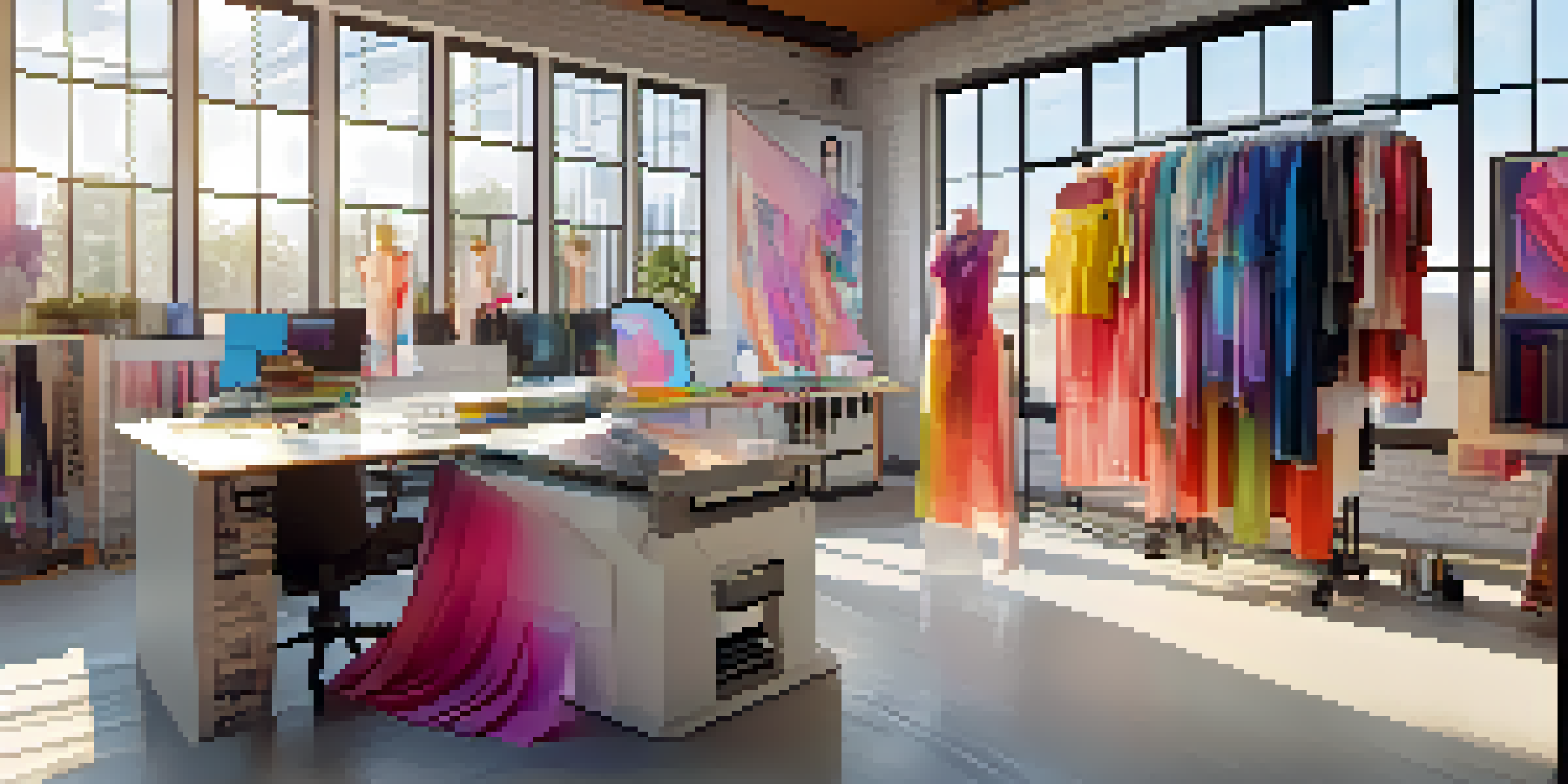 A fashion studio with a 3D printer producing a garment prototype, surrounded by sketches and fabric swatches, illuminated by natural light.