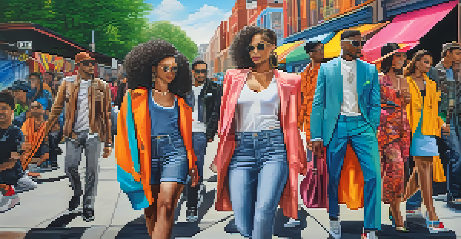 A lively street scene with people displaying diverse fashion styles inspired by celebrities against colorful murals.