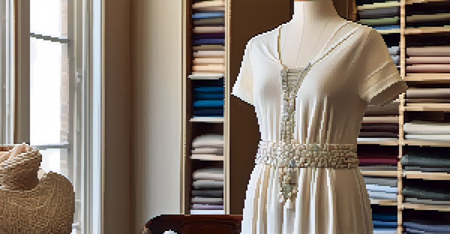 A close-up of a mannequin displaying a stylish organic cotton dress with accessories in a boutique.