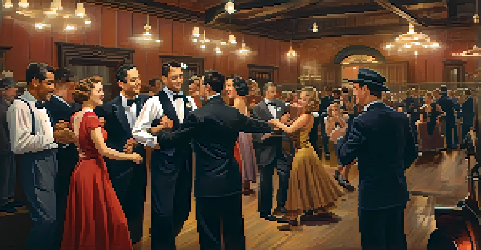 A lively 1940s dance hall with couples dancing joyfully to jazz music, surrounded by vintage instruments and warm lighting.