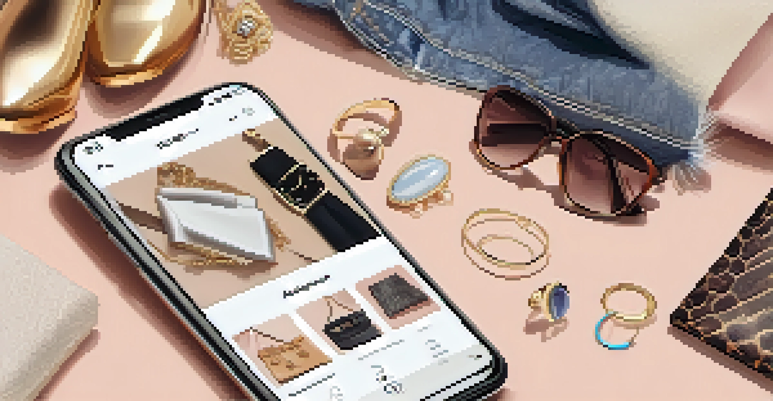 A smartphone showing personalized fashion recommendations, with a stylish outfit and accessories in the background, presented in warm lighting.