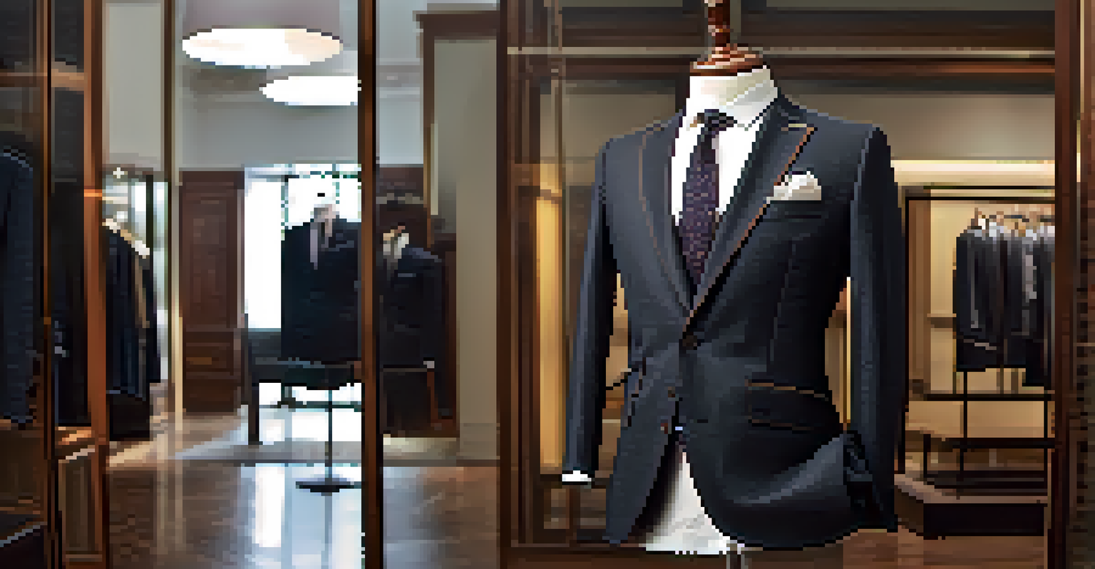 A close-up of a tailored suit on a mannequin in an elegant boutique, showcasing intricate fabric details and a sophisticated ambiance.