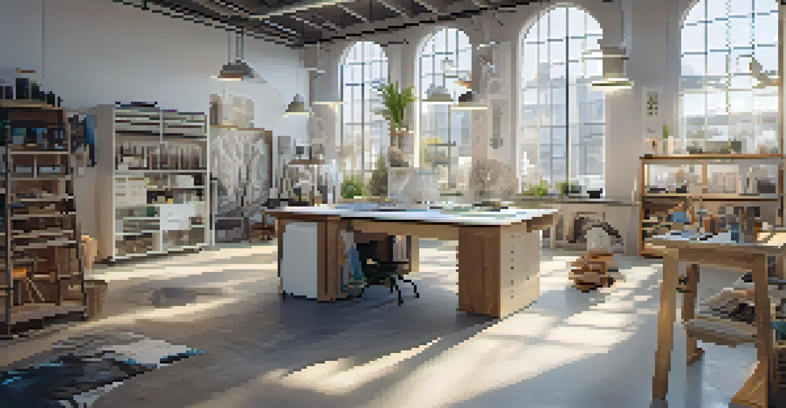 A designer's workspace with 3D printing technology creating sustainable fashion items, filled with natural light.