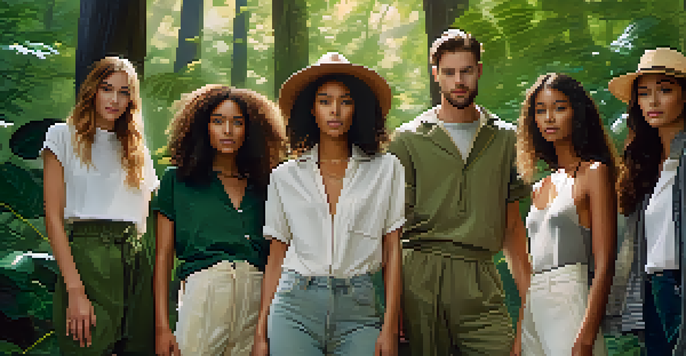 A group of diverse models in eco-friendly clothing poses in a sunlit forest, surrounded by lush greenery.