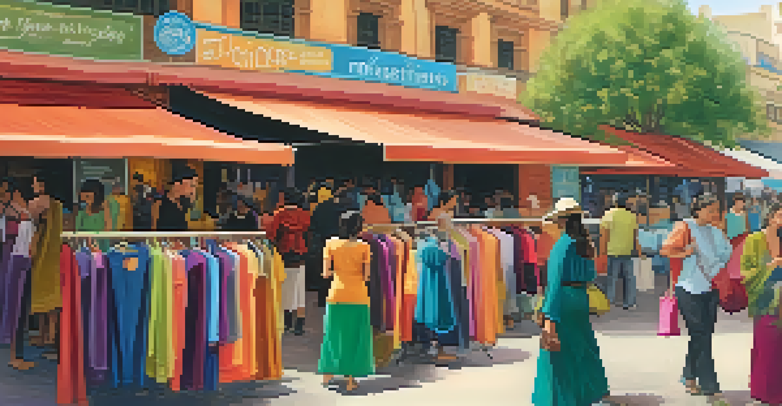 A lively market scene with stalls of handmade clothing and accessories promoting ethical fashion, illuminated by natural sunlight.