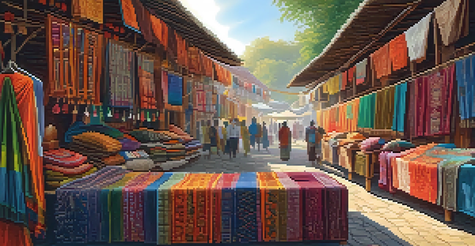 A bustling market filled with colorful traditional textiles from different cultures, with artisans weaving in the background and warm sunlight illuminating the scene.