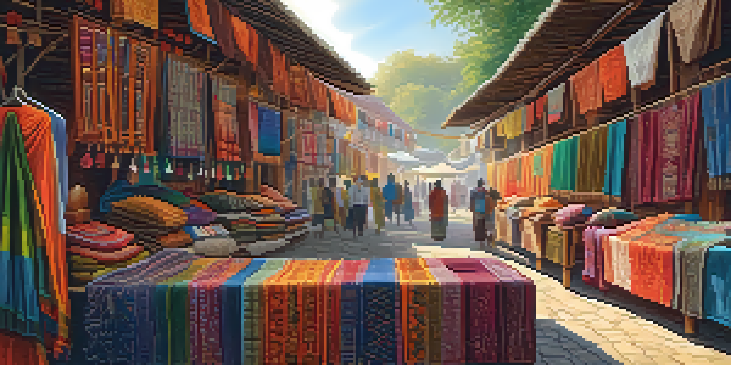 A bustling market filled with colorful traditional textiles from different cultures, with artisans weaving in the background and warm sunlight illuminating the scene.