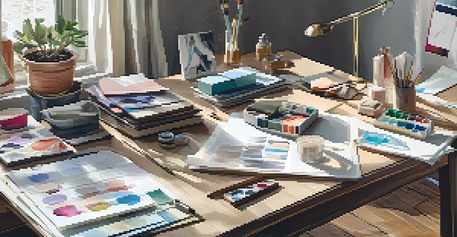 A designer's workspace with sketches and colorful fabric swatches laid out on a wooden table, illuminated by natural light.