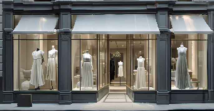 A stylish fashion store with elegant dresses in the window, illuminated by warm lights, set against a city backdrop.
