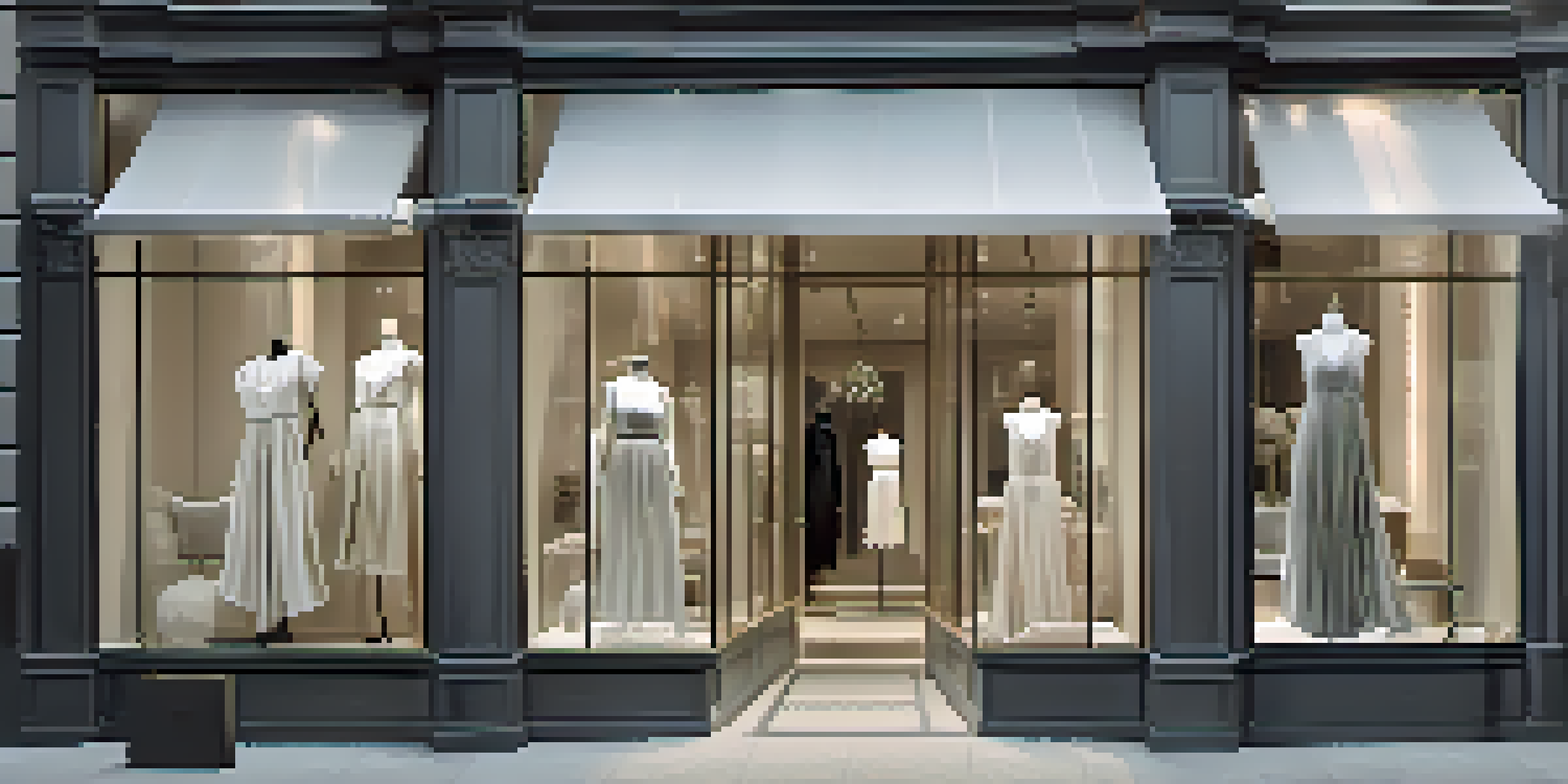 A stylish fashion store with elegant dresses in the window, illuminated by warm lights, set against a city backdrop.