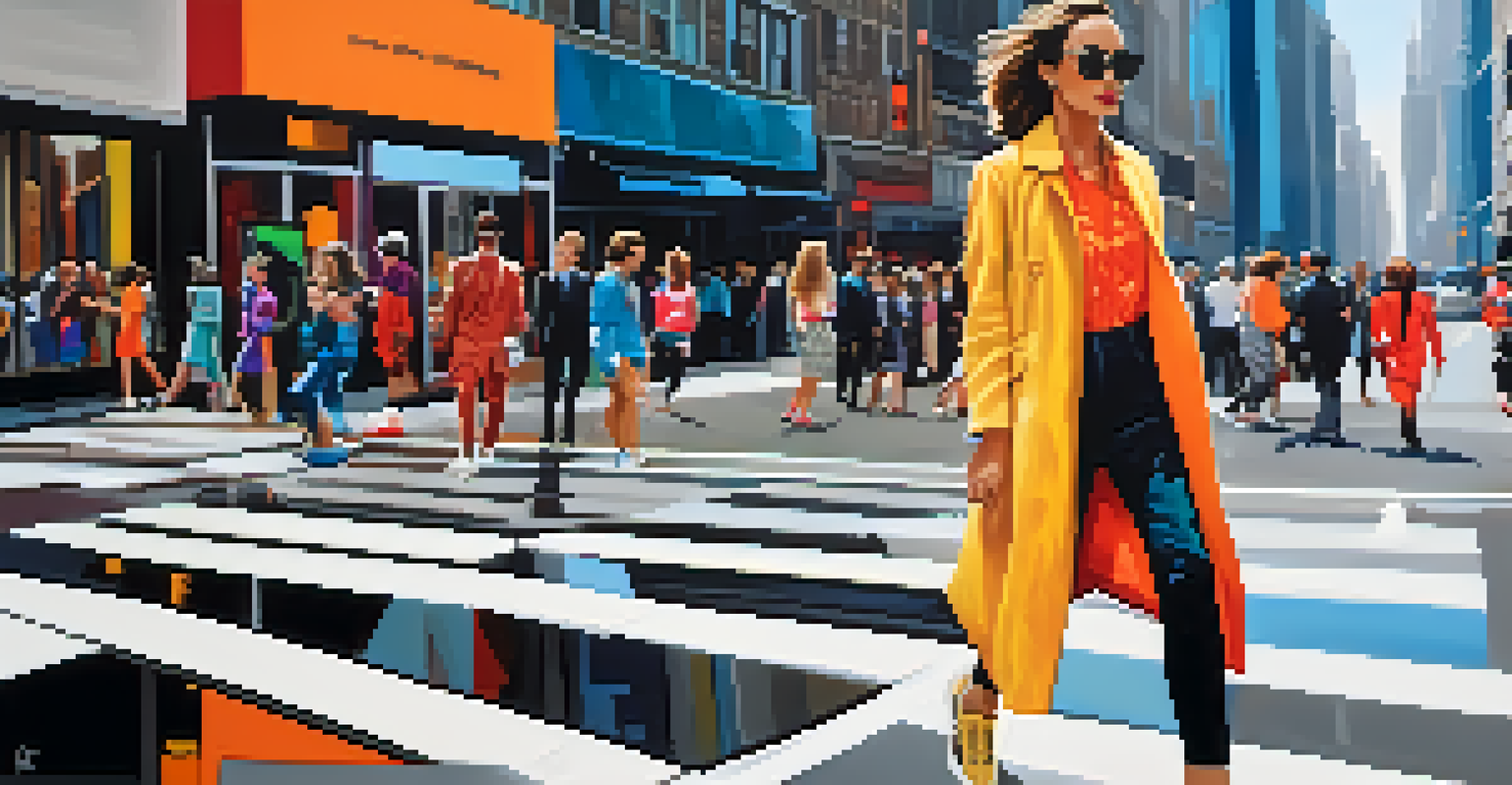 A fashionable person walking in a busy city street, wearing a bold outfit with skyscrapers and pedestrians in the background.