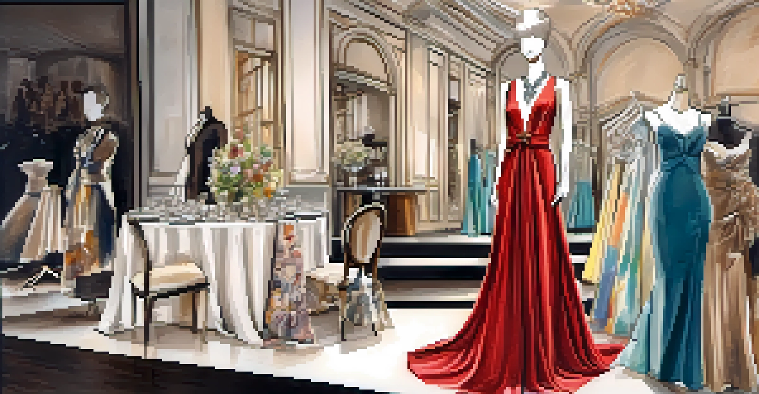 A stylish table at a fashion show featuring a dress on a mannequin, surrounded by sketches and accessories, with soft lighting emphasizing the fabrics.