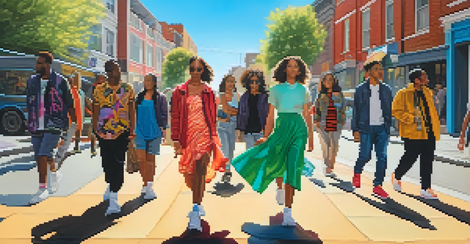 A lively street scene with diverse individuals showcasing various gender expressions through colorful and unique fashion choices.