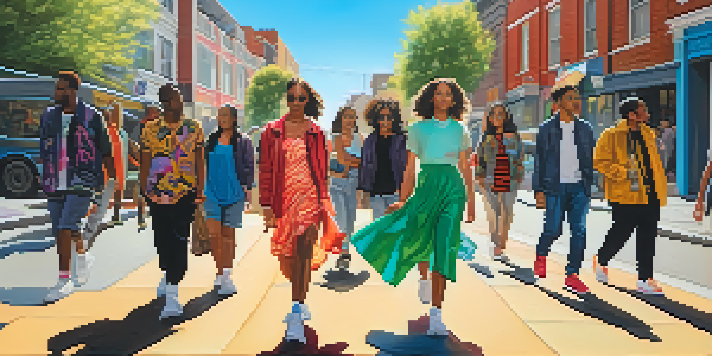 A lively street scene with diverse individuals showcasing various gender expressions through colorful and unique fashion choices.