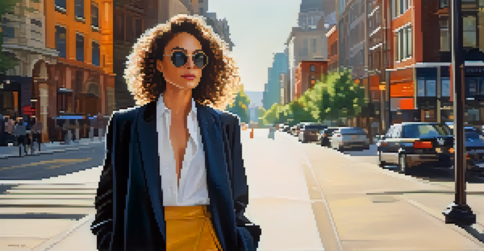 A confident woman in an oversized blazer on a city street, embodying a mix of high fashion and casual style.