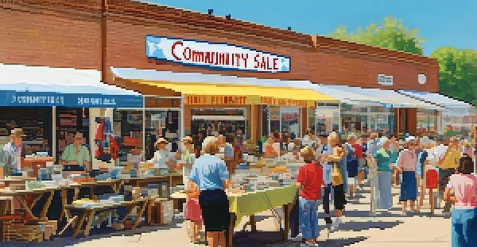 Outdoor community thrift sale with people browsing tables of second-hand items and a colorful banner overhead.