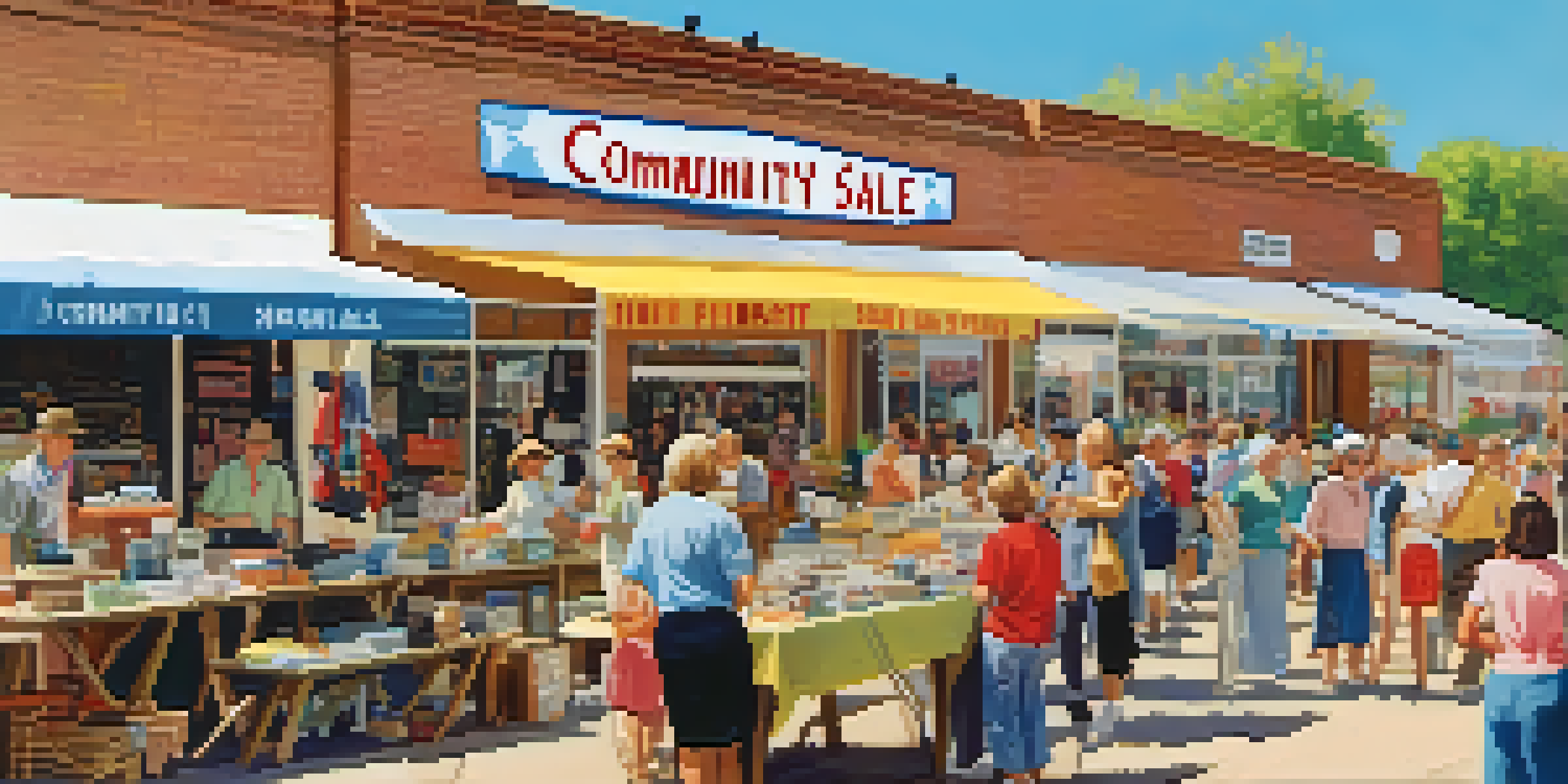 Outdoor community thrift sale with people browsing tables of second-hand items and a colorful banner overhead.