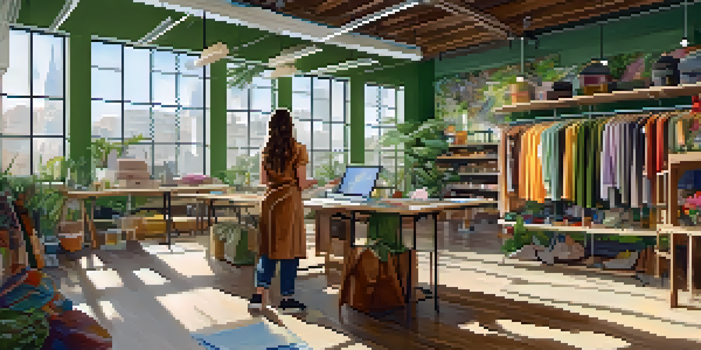 A bright fashion studio with racks of sustainable clothing, a designer sketching at a table, and natural light highlighting the textures of materials.