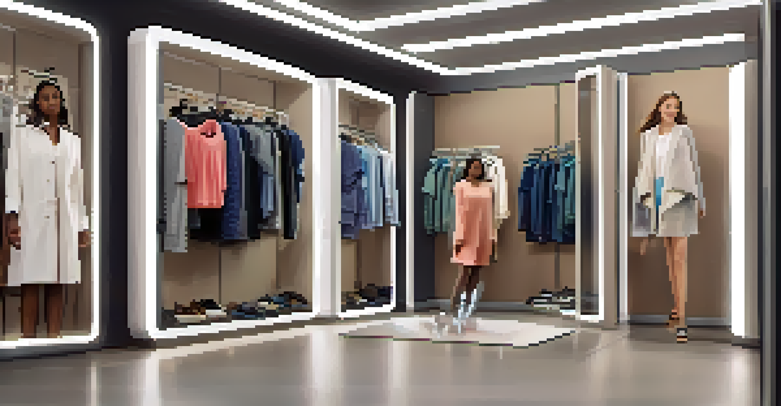 A futuristic virtual fitting room with users of diverse abilities trying on clothes using augmented reality, surrounded by high-tech interfaces and natural lighting.