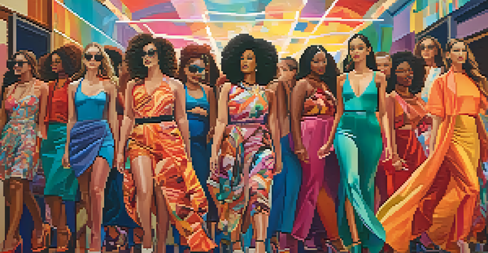 A diverse group of models of different body types walks on a runway, showcasing colorful outfits against an abstract mural celebrating body positivity.
