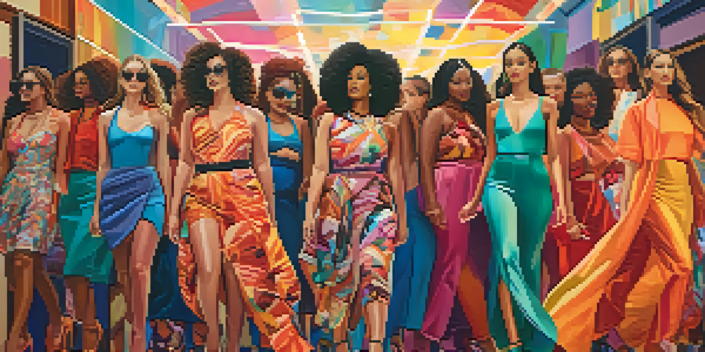 A diverse group of models of different body types walks on a runway, showcasing colorful outfits against an abstract mural celebrating body positivity.