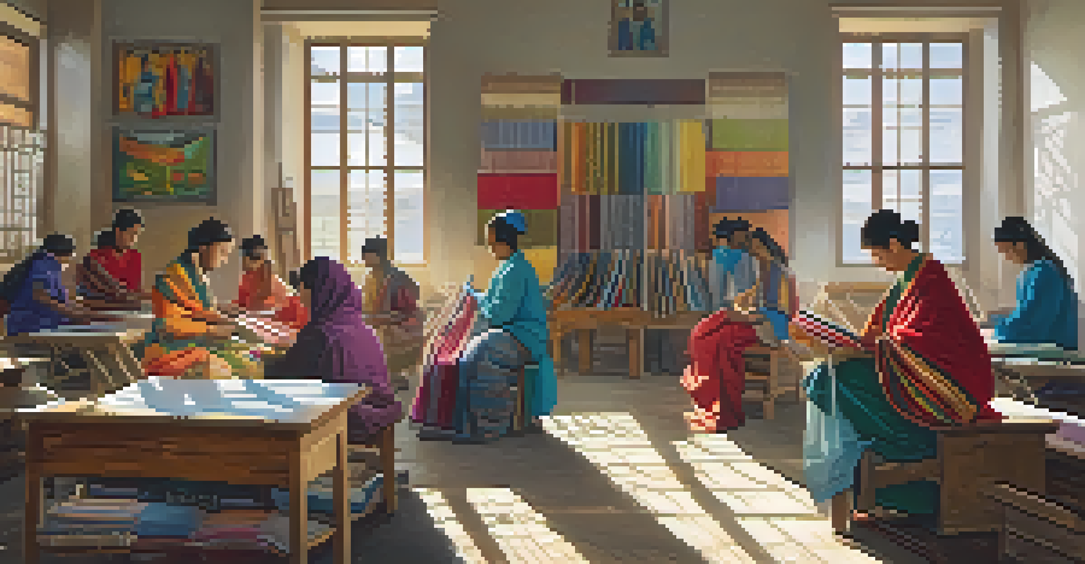 A classroom workshop where students are learning about traditional textile arts, surrounded by colorful fabrics and natural light.