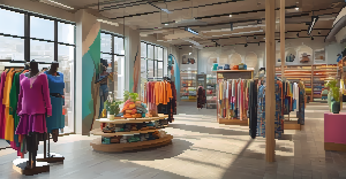 An inviting clothing store with diverse mannequins and colorful outfits representing various body types and cultures, illuminated by natural light.