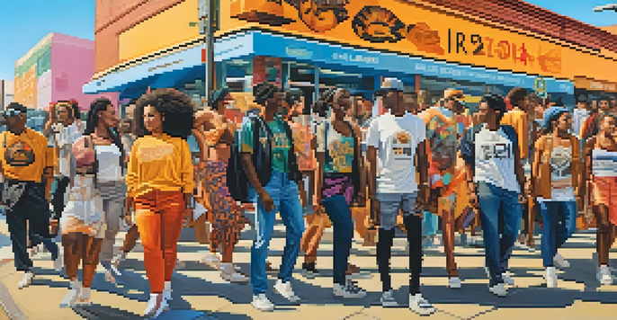 A lively street scene with diverse individuals wearing socially conscious fashion, surrounded by colorful murals and banners promoting activism.