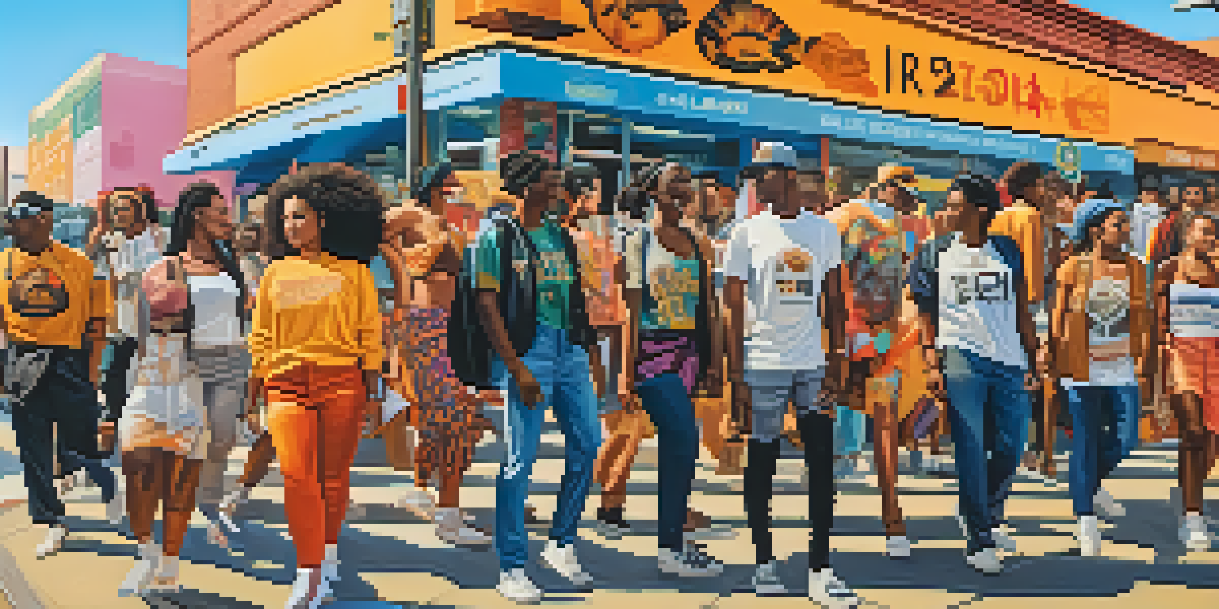 A lively street scene with diverse individuals wearing socially conscious fashion, surrounded by colorful murals and banners promoting activism.