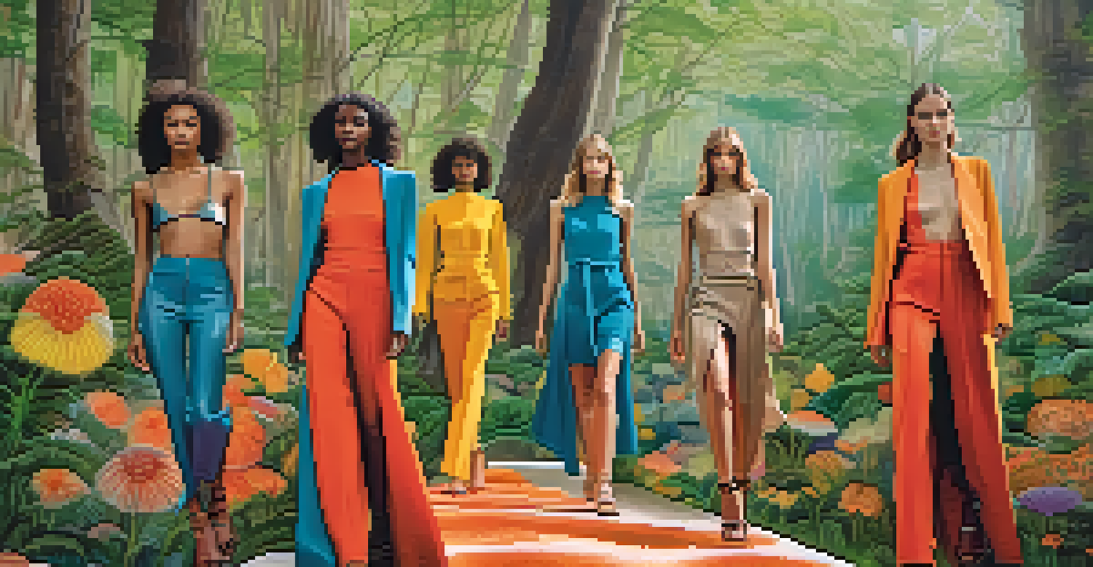 Models on an outdoor runway wearing stylish garments made from eco-friendly materials like mushroom leather and recycled polyester.