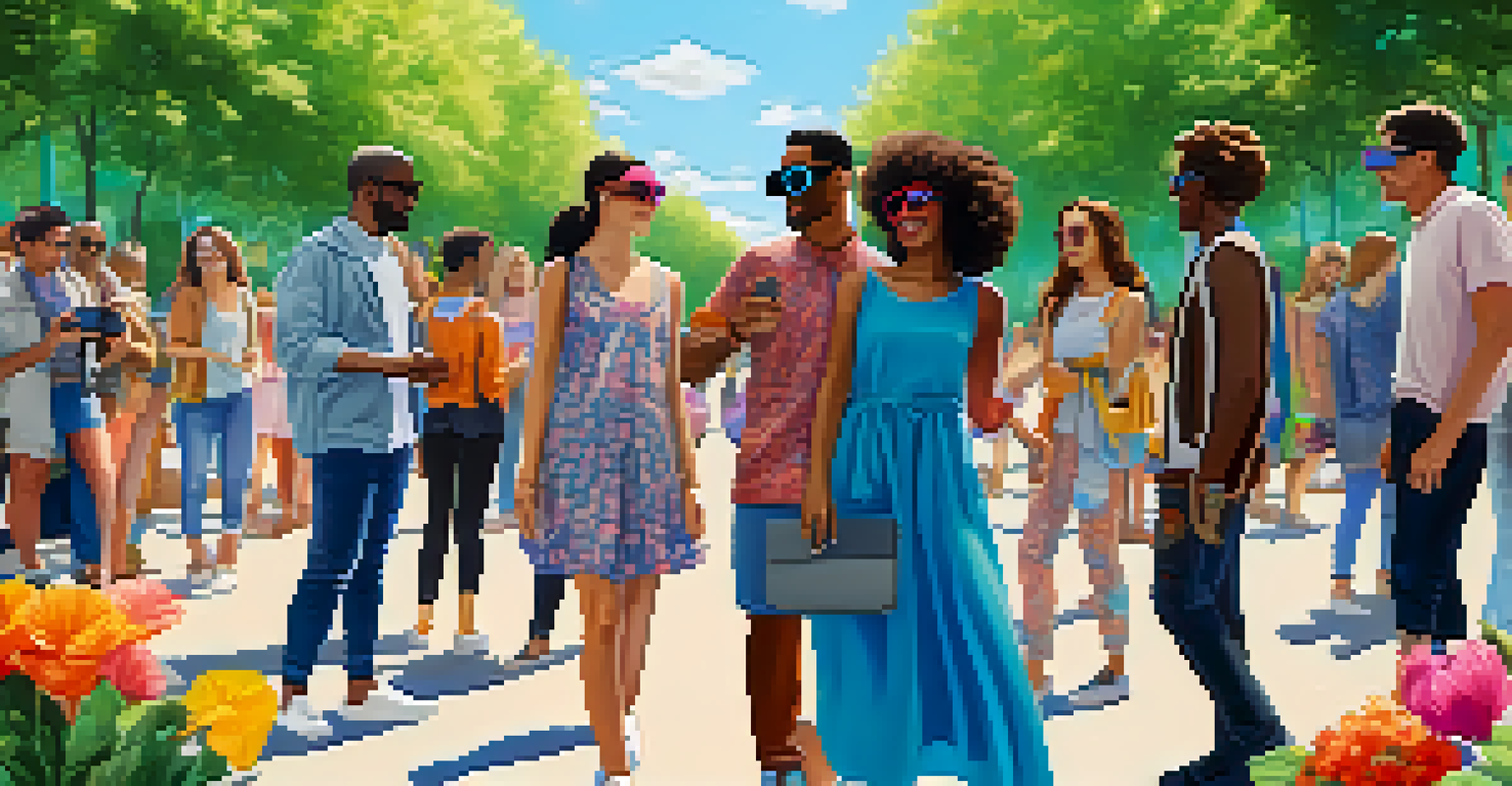 A diverse group of people in an urban park using augmented reality glasses to try on virtual clothes.