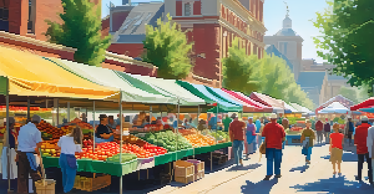 A lively farmer's market with stalls of fresh produce and people interacting.