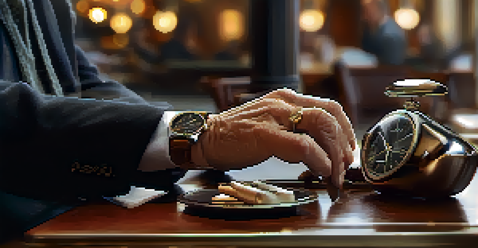Close-up of a senior man adjusting a watch with a handbag on the table in a café.