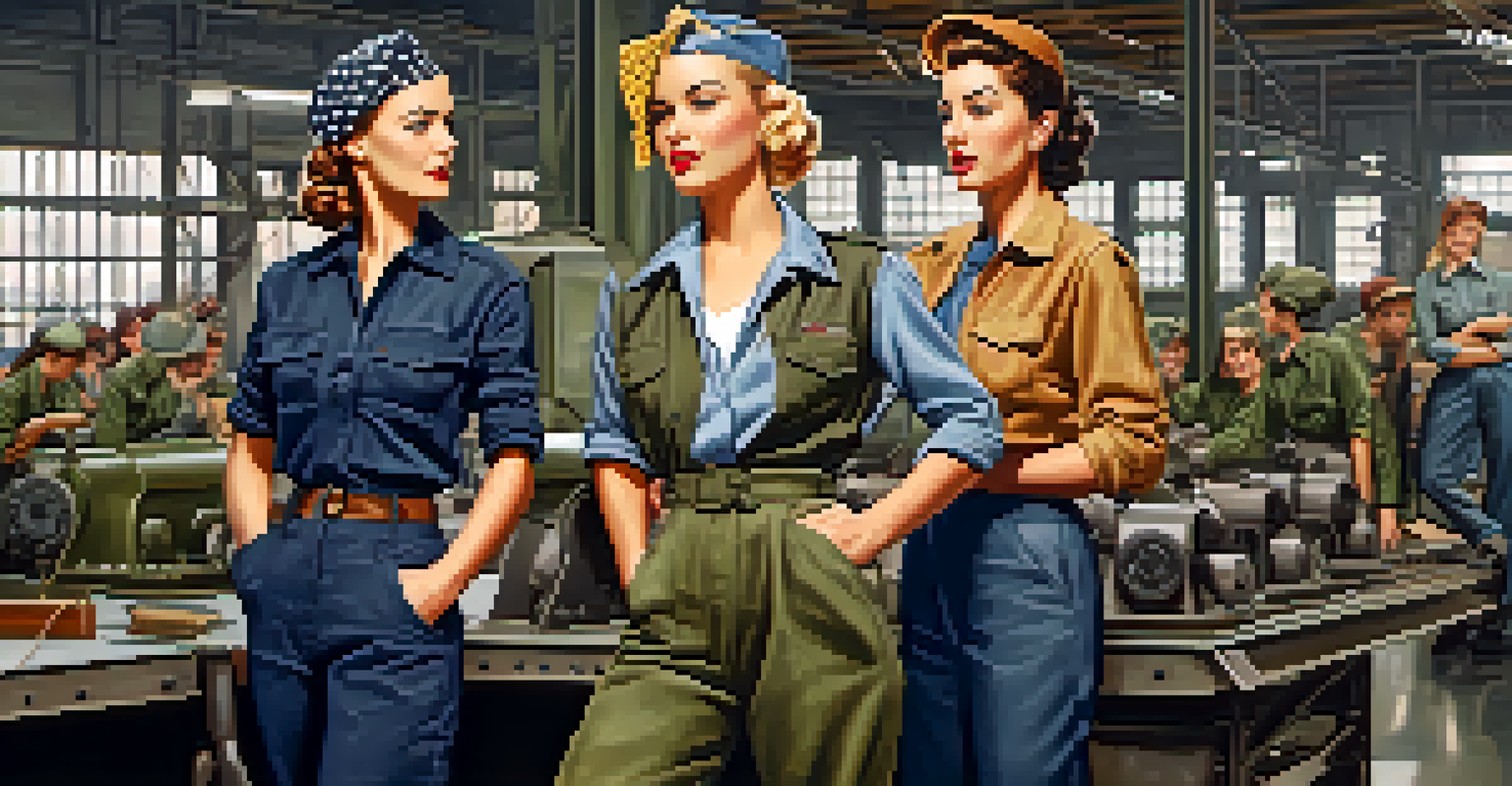 Women in utilitarian 1940s clothing, including fitted jackets and trousers, working together in a factory, representing the spirit of resilience during wartime.