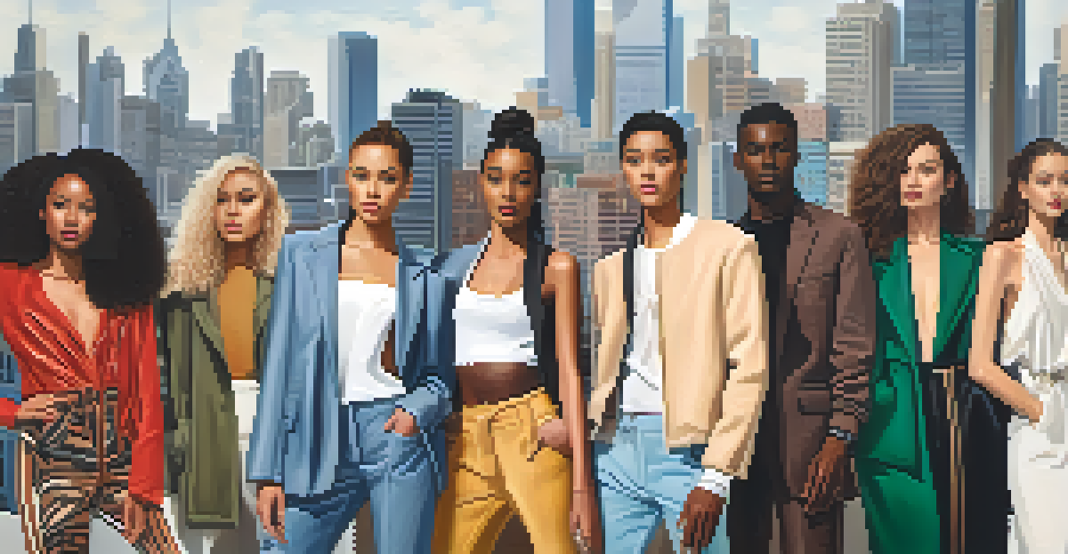 A group of diverse models displaying fashion trends in an urban environment with a city backdrop.