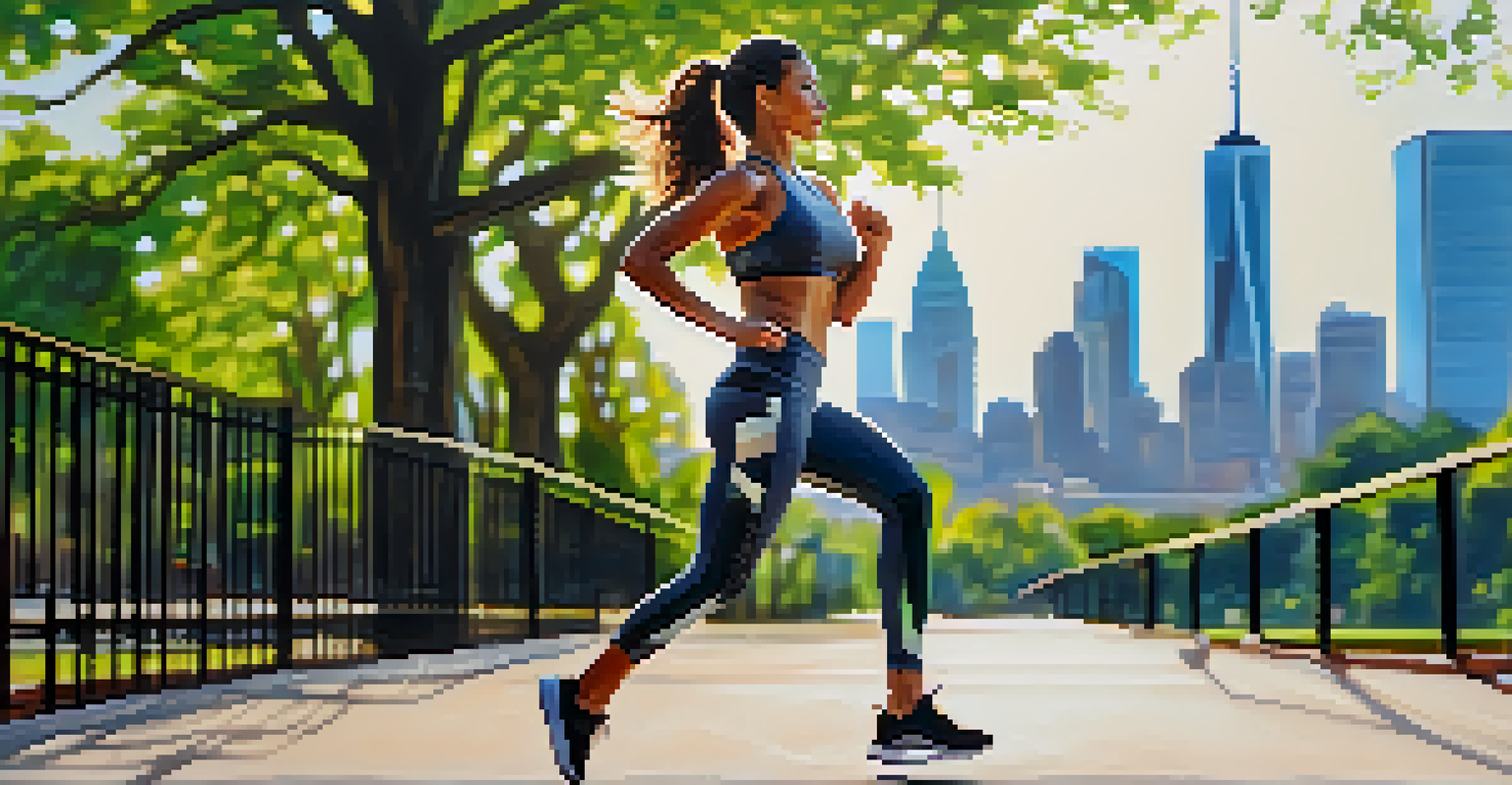 A fitness enthusiast in high-tech leggings jogging in an urban park with a city skyline in the background.