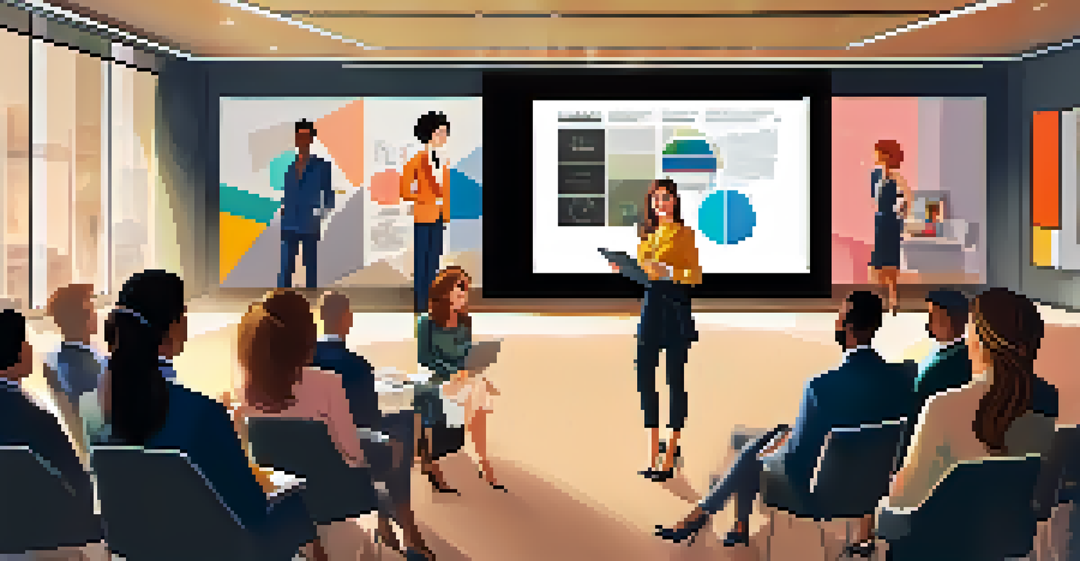 A fashion intern confidently presenting her portfolio in a conference room to a group of professionals, with a large screen displaying her designs.