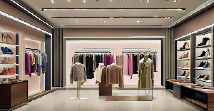 A stylish fashion retail store interior showcasing a blend of physical and digital shopping experiences with customers using apps and trying on clothes.