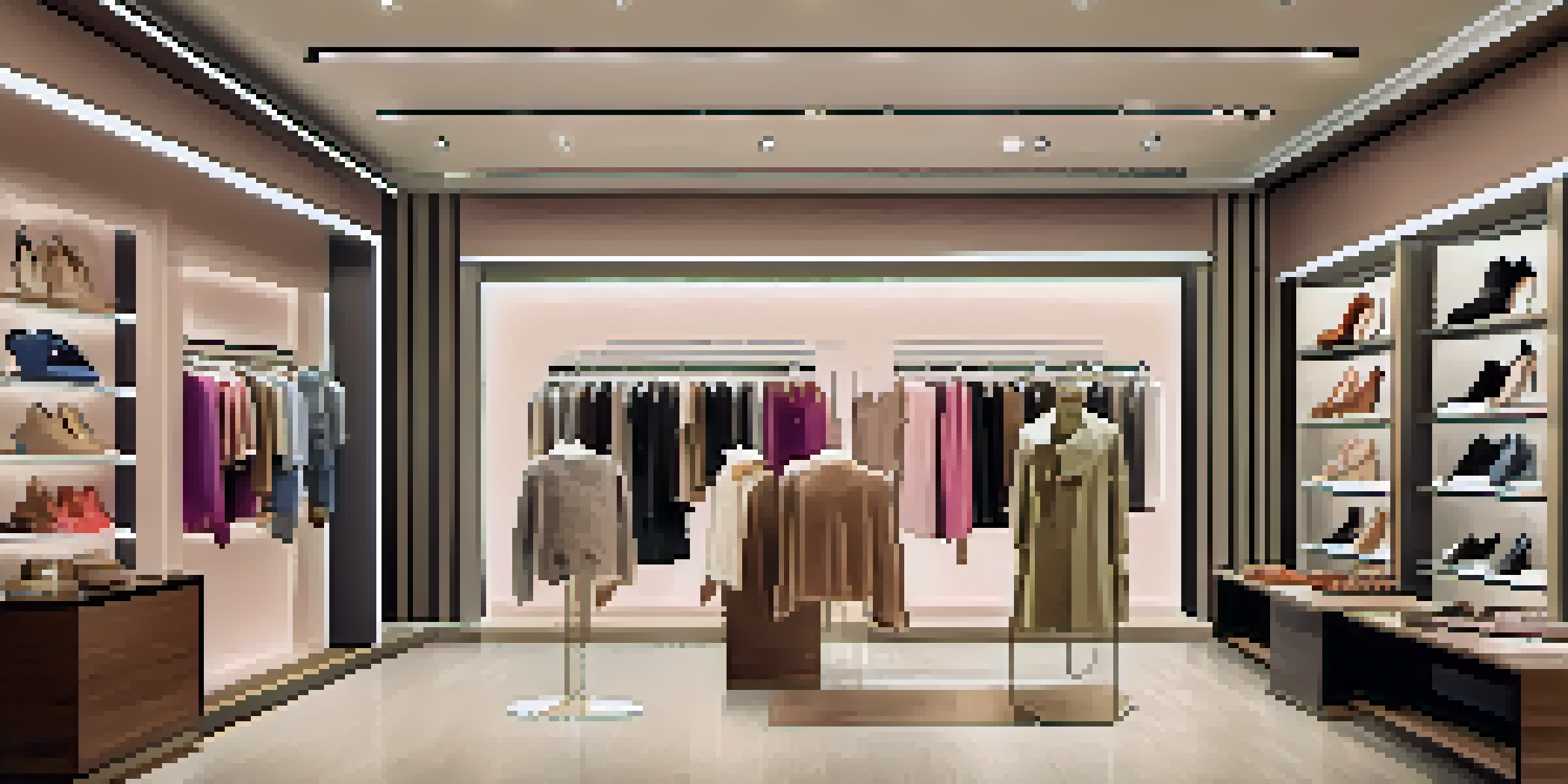 A stylish fashion retail store interior showcasing a blend of physical and digital shopping experiences with customers using apps and trying on clothes.