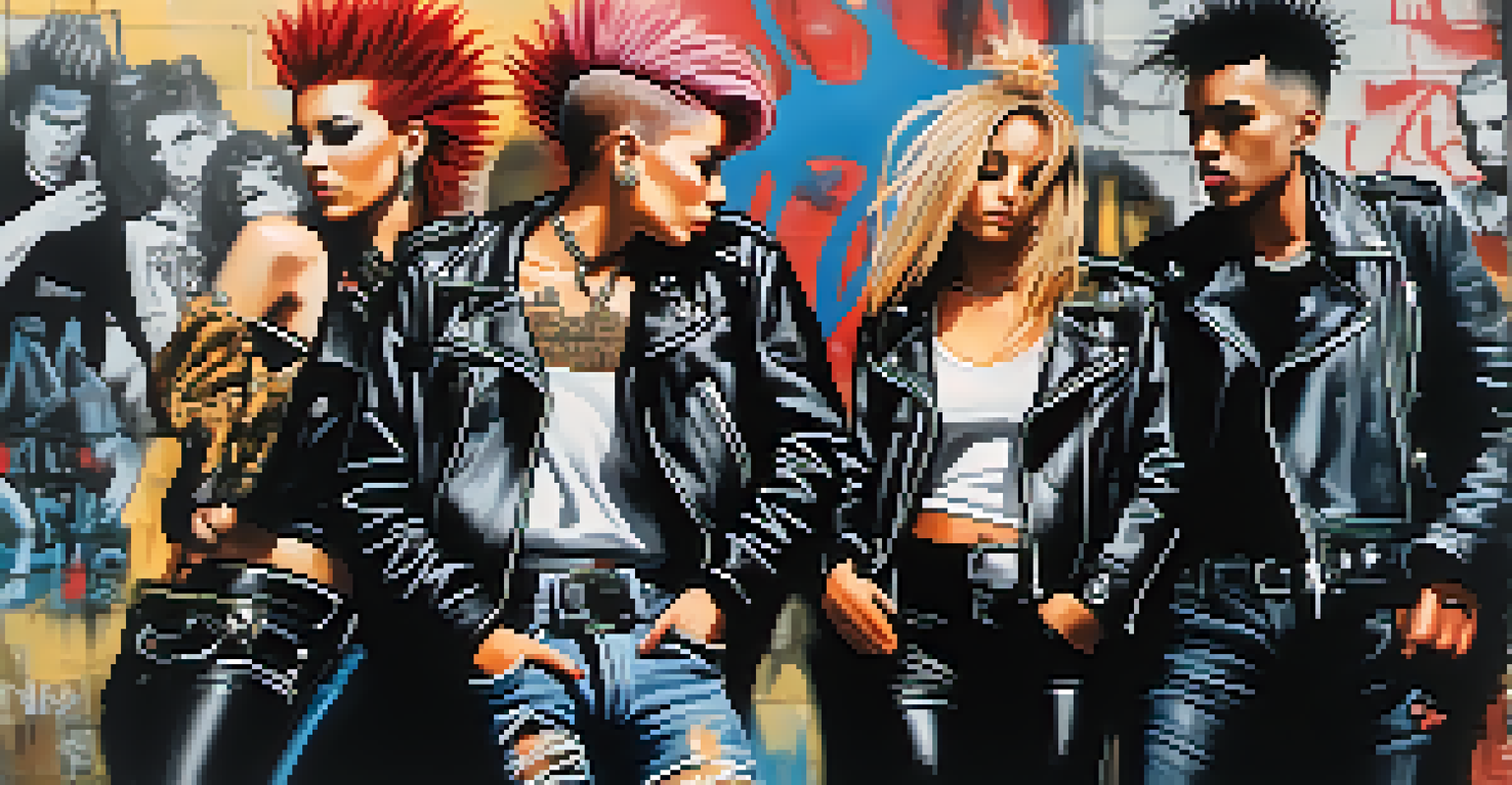 A group of individuals in punk fashion with leather jackets and colorful hairstyles against a graffiti wall.