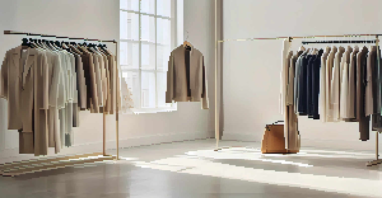 A minimalist fashion display with neutral-colored clothing on a simple rack in a bright space, showcasing simplicity and elegance.