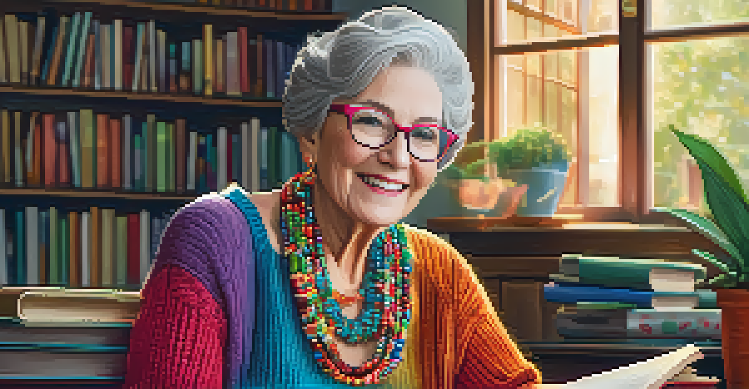 A senior woman in a cozy living room wearing oversized glasses and statement jewelry, with warm lighting highlighting her joyful expression.