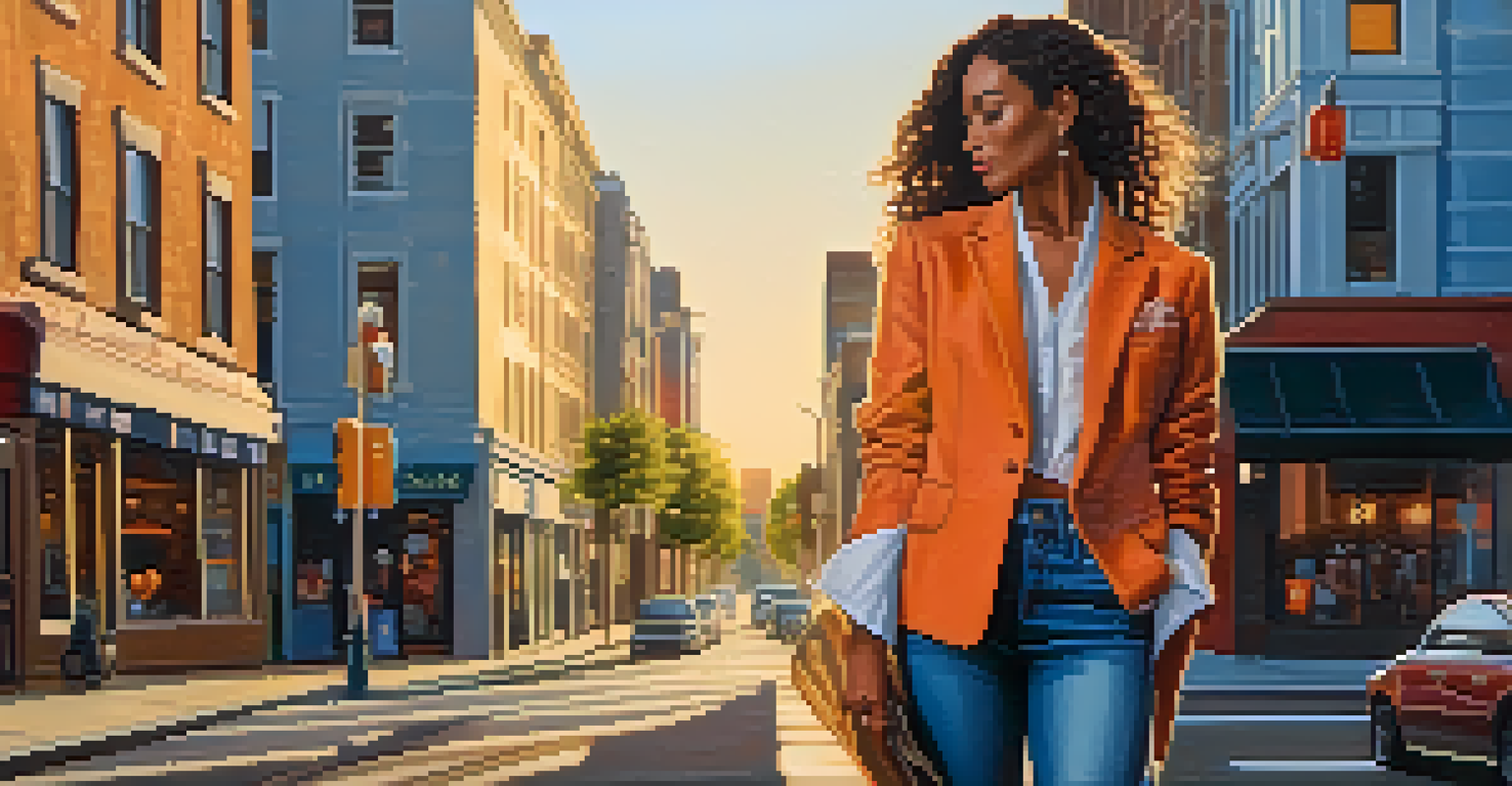 A stylish individual in an oversized blazer and classic jeans walking in a city during sunset.
