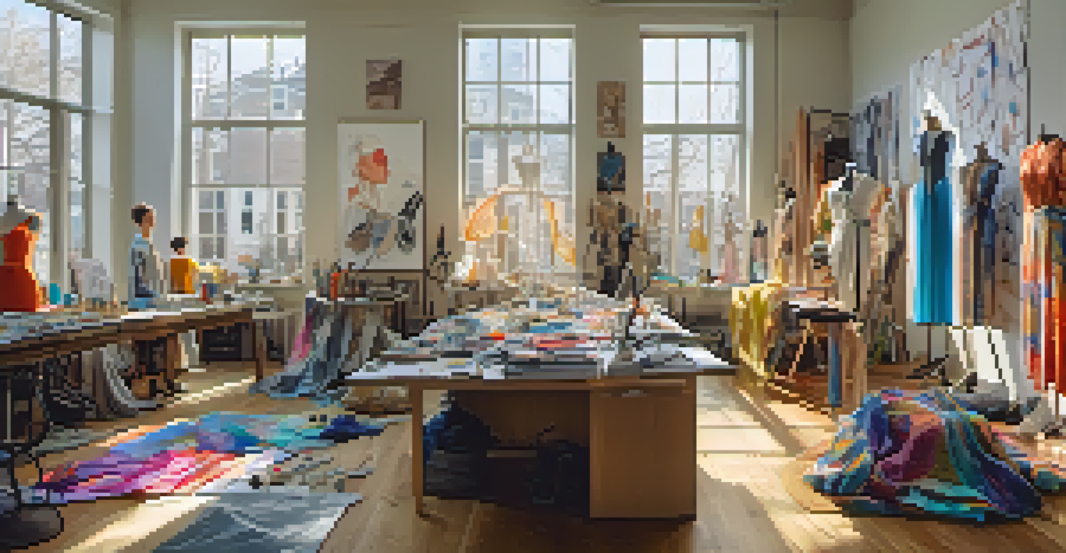 An artist's studio with fashion sketches and sculptural forms, featuring a designer working amidst colorful fabrics and natural light.