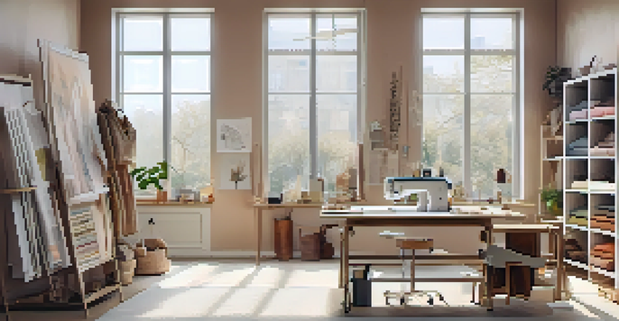 A fashion studio with fabrics and designs, filled with natural light and warm colors.