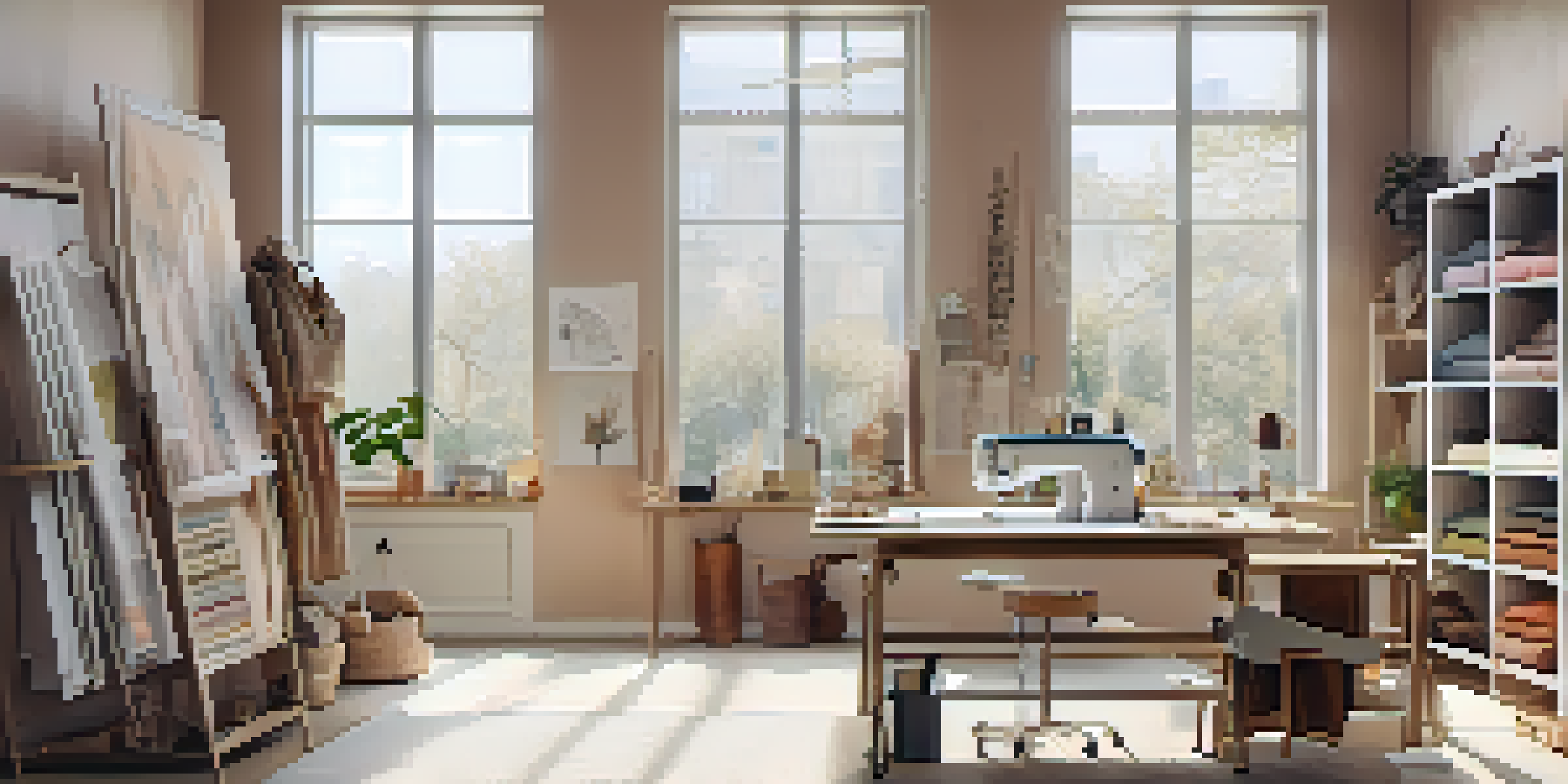 A fashion studio with fabrics and designs, filled with natural light and warm colors.