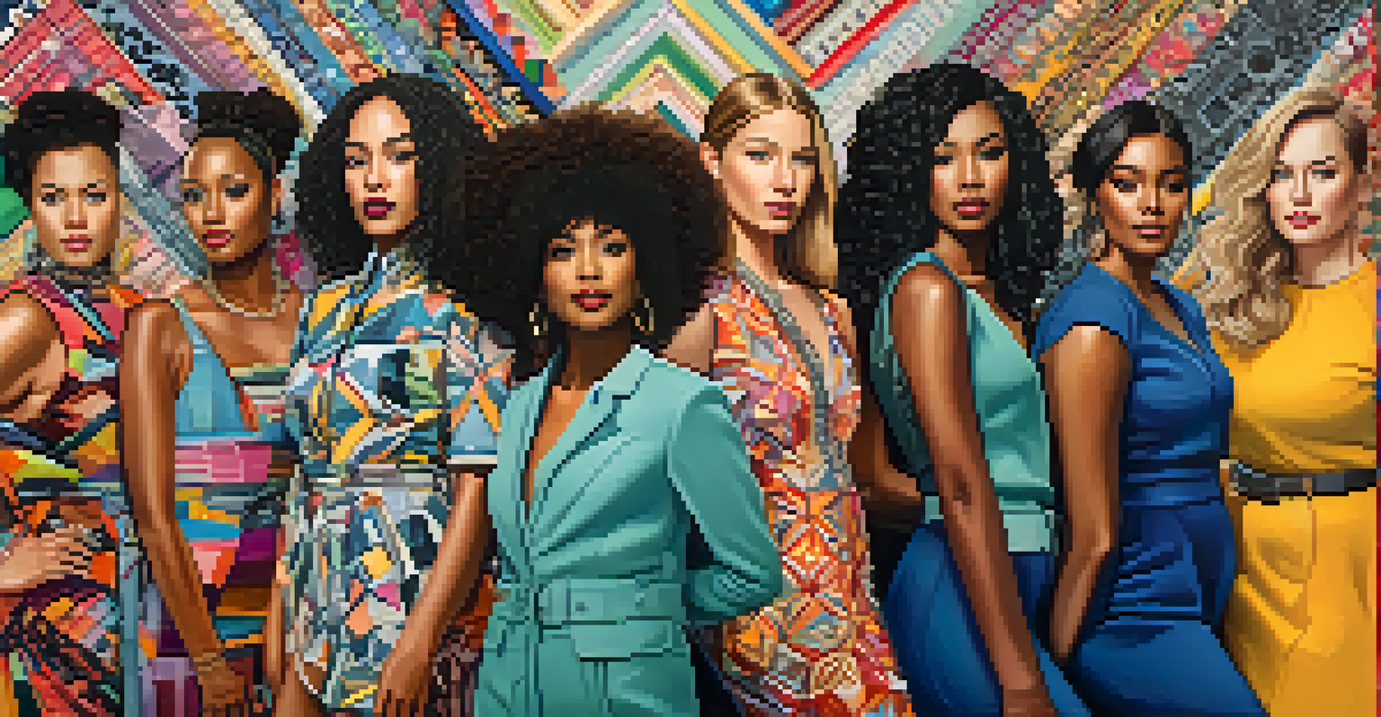 A diverse group of women in a creative studio, showcasing unique fashion styles that challenge gender norms, surrounded by colorful fabrics.