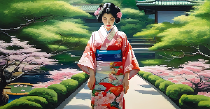 A Japanese woman in a colorful kimono stands in a peaceful tea garden surrounded by cherry blossoms and a koi pond, illuminated by soft sunlight.