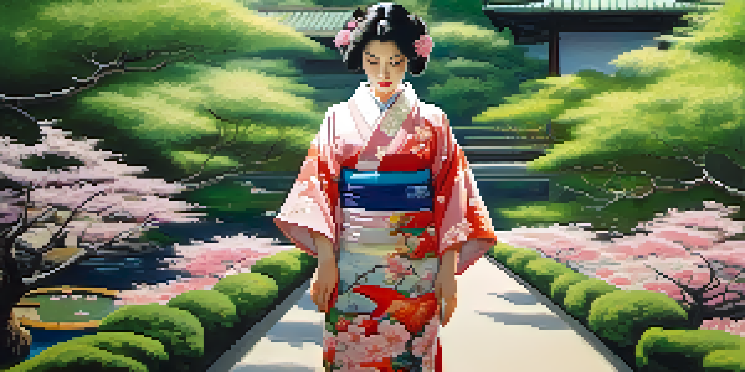 A Japanese woman in a colorful kimono stands in a peaceful tea garden surrounded by cherry blossoms and a koi pond, illuminated by soft sunlight.